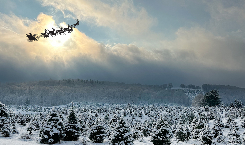 Battenfeld farm with snow covered trees and Santa with his reindeer